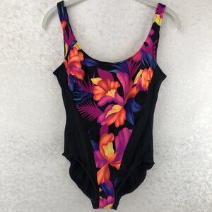 A&H Sportswear One-Piece Swimsuit Black with Bright Multicolor Floral Pattern